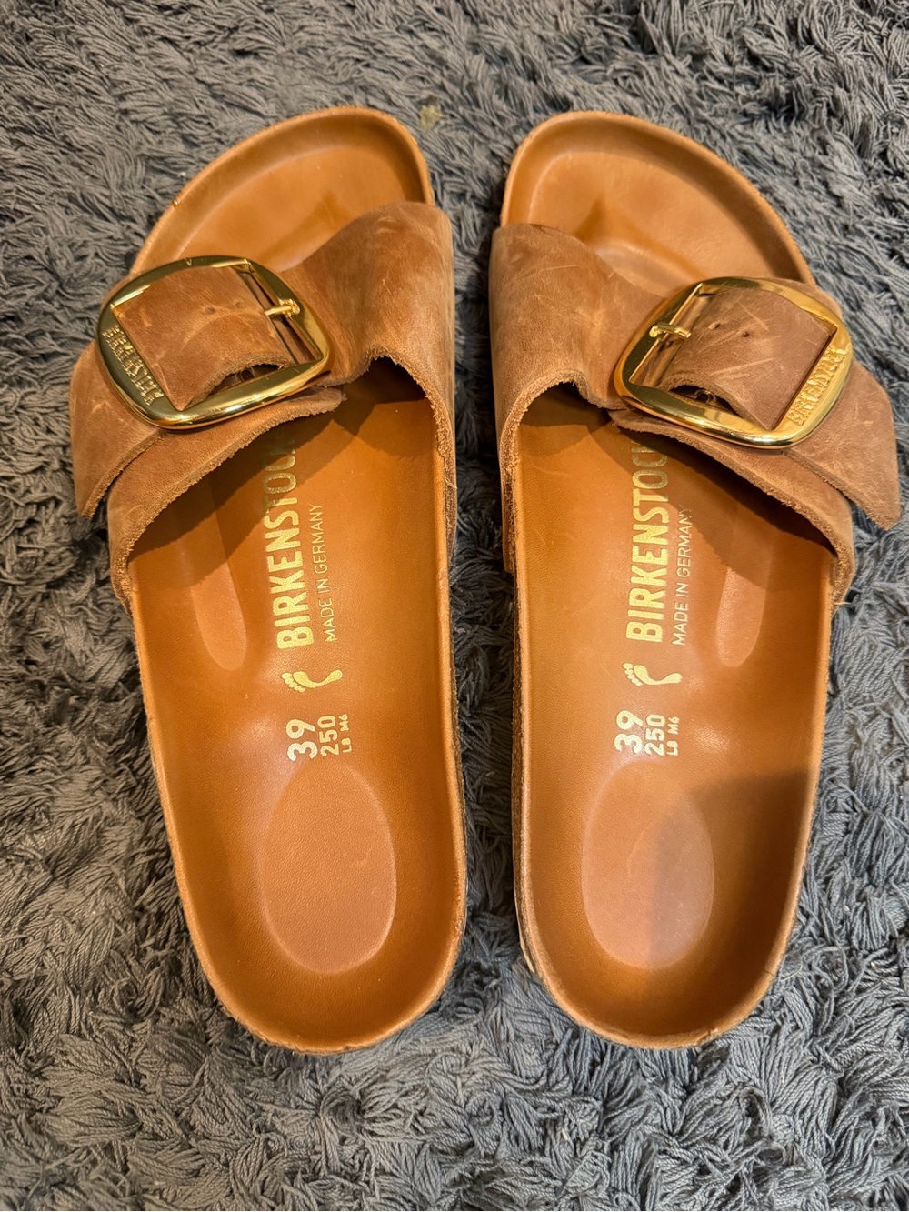Birkenstock Single-Strap Suede Slides in Brown with Gold Buckles